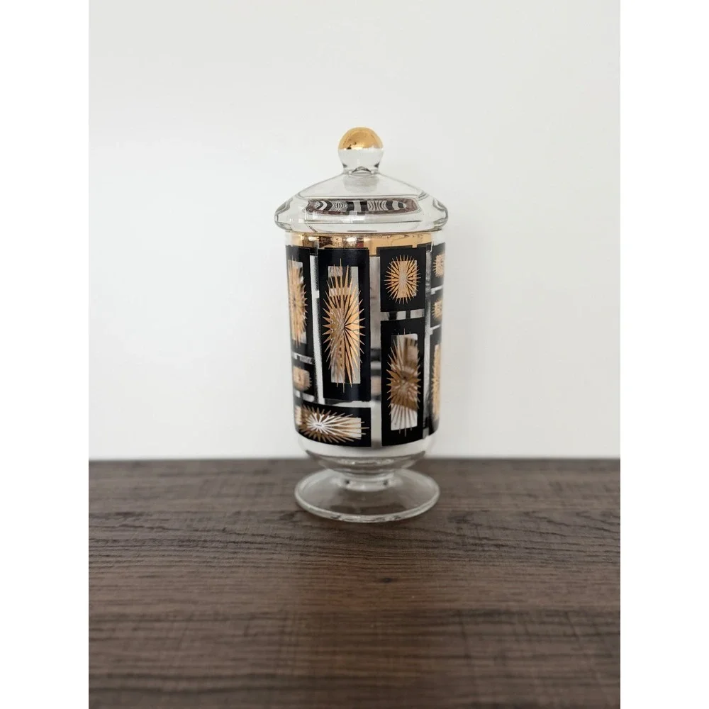 Vintage MCM Jeannette Glass Atomic Starburst Lidded Apothecary Jar Black Gold